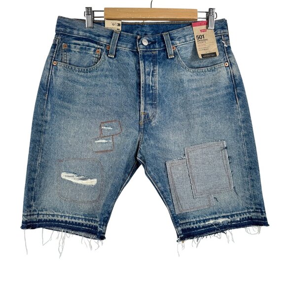 Levis mens 501 shorts Patchwork ripped retro blue sz 32